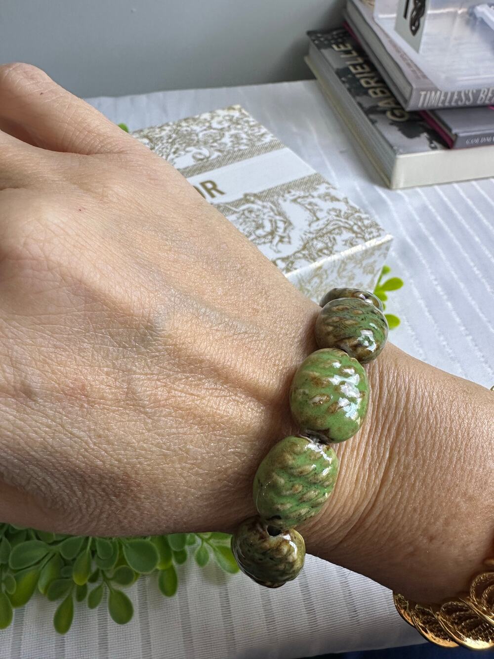 BOGO FREE GREEN Artisan Ceramic speckle bead bracelet stretchy